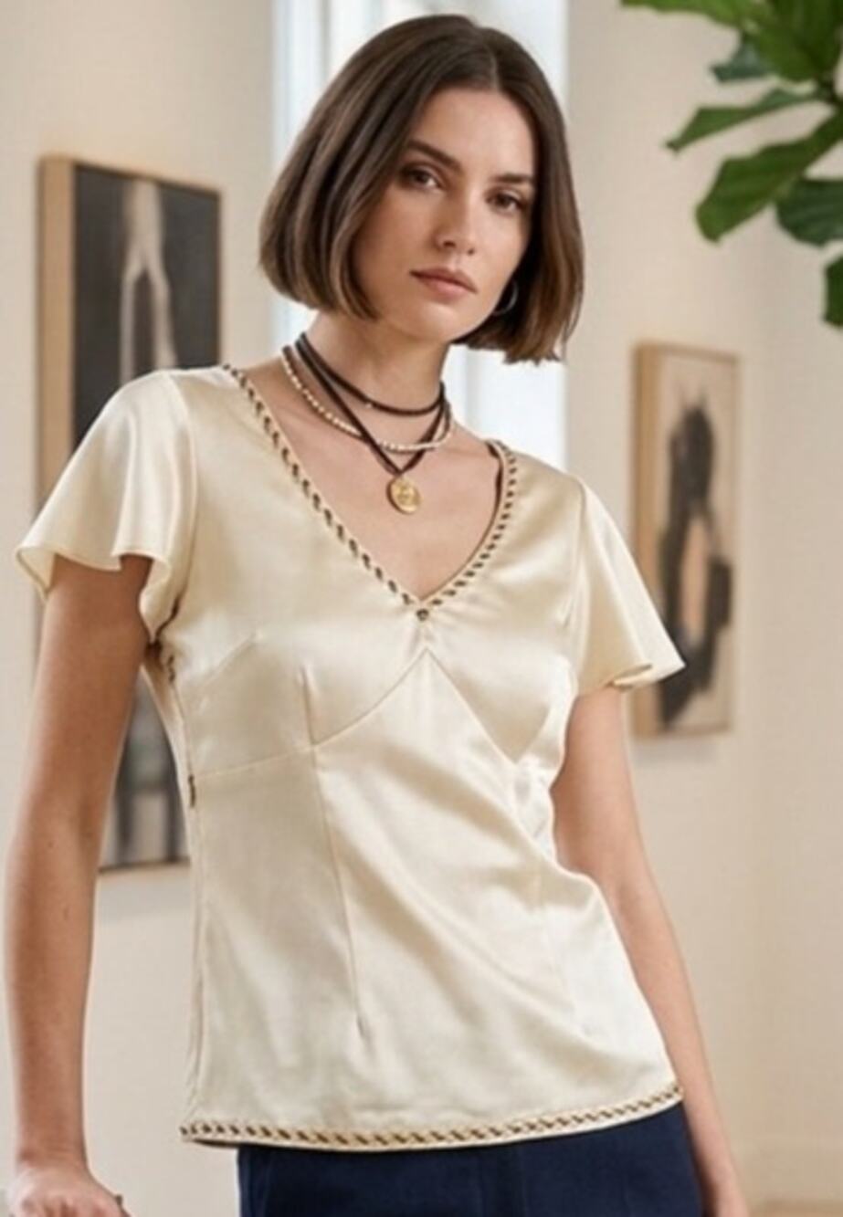 Vintage Y2K Pierre Cardin Satin Side Zip Fitted Blouse with Seed Bead Details